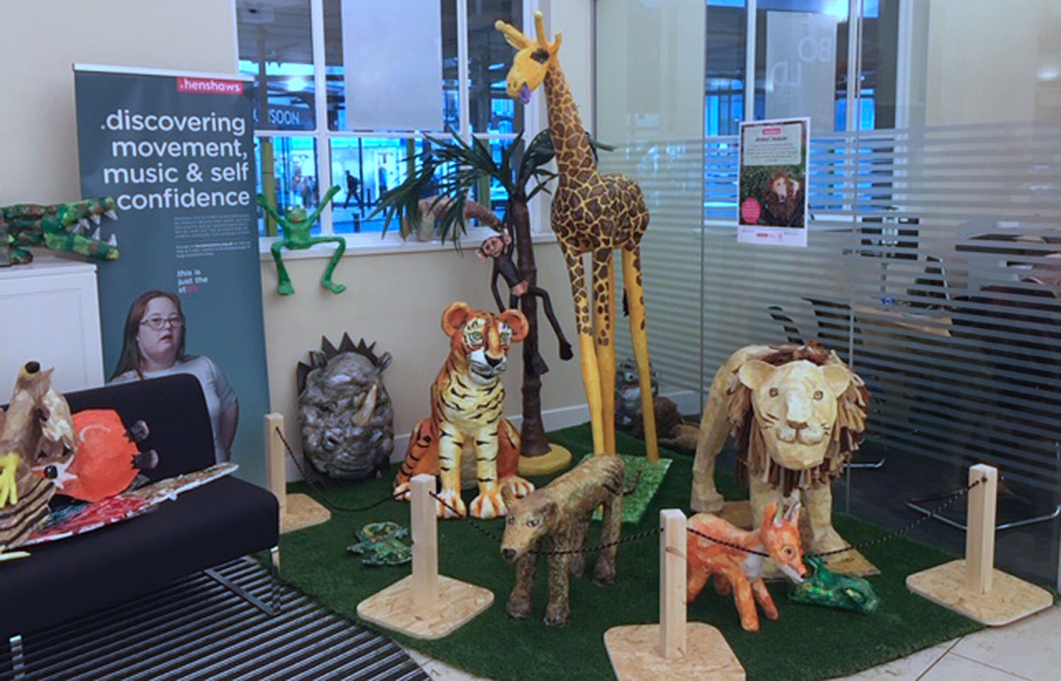 Henshaws Arts & Crafts animals fill the banking hall at Barclays in Harrogate