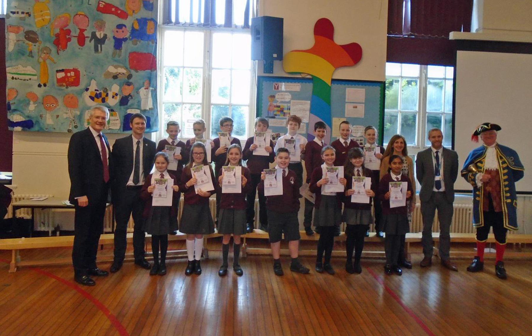 Andrew Jones, MP; Dan Finn, CEO of the Youth Trust; Jenny Byers, Young Leaders coordinator at St John’s; Alex Hope, headteacher; Roger Hewitt, town crier