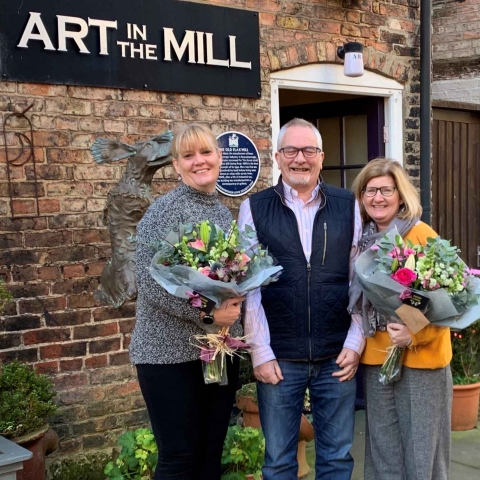retiring feva committee members Sue Holden, left, and Elaine Grinter, right, with Barry Blake