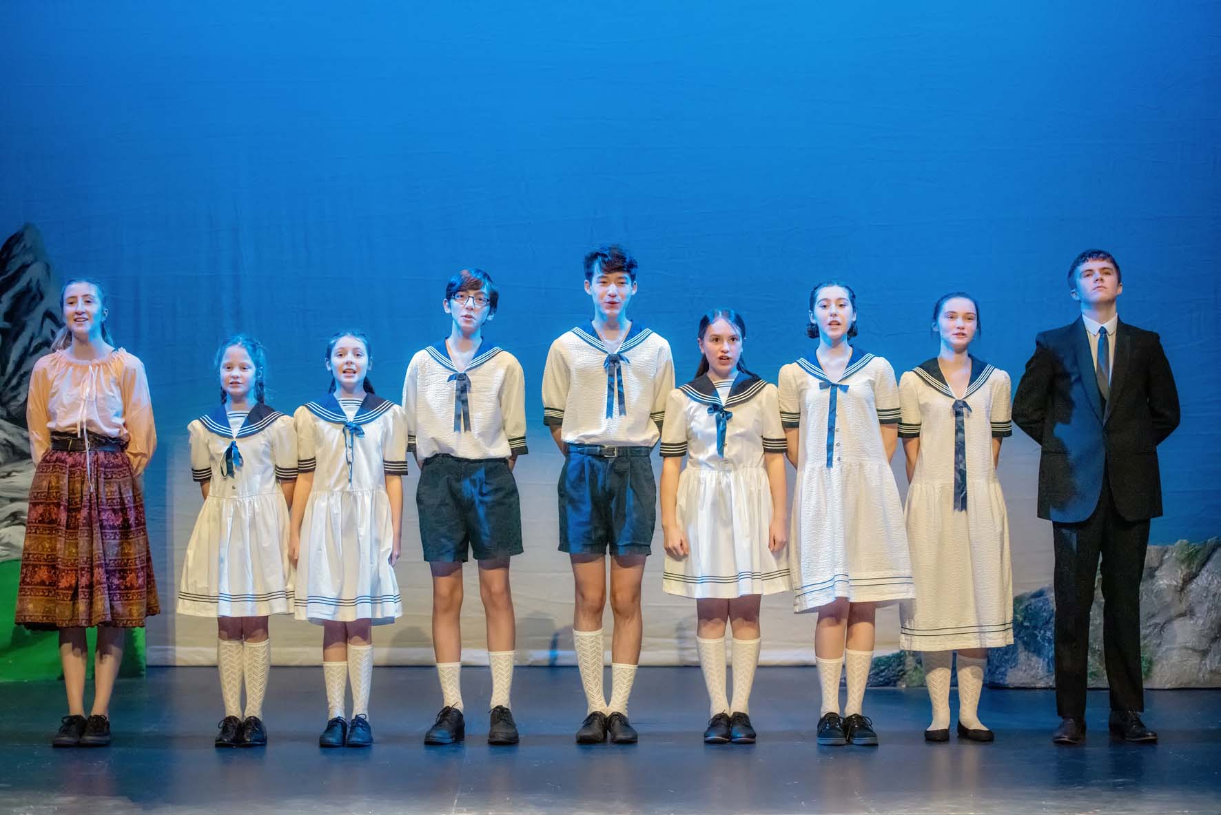 Maria and von Trapp family – Ella Williams, Annabel Vincent, Biba Click, Harry Barker, Ryan Lam-Decker, Isabell Trigoso, Mia Felstead, Eve Townsend and Eddie Cluderay