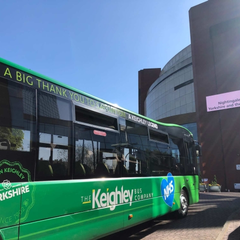 MOVING TRIBUTE TO A KEIGHLEY LEGEND – AND A NATIONAL HERO: The Keighley Bus Company has named and decorated a bus in honour of 99-year-old NHS fundraiser Captain Tom Moore, who was born in the West Yorkshire town. The bus is pictured in front of the new NHS Nightingale Hospital in Harrogate, which opened this week with Captain Tom appearing via a live video link from his home in Bedfordshire as guest of honour