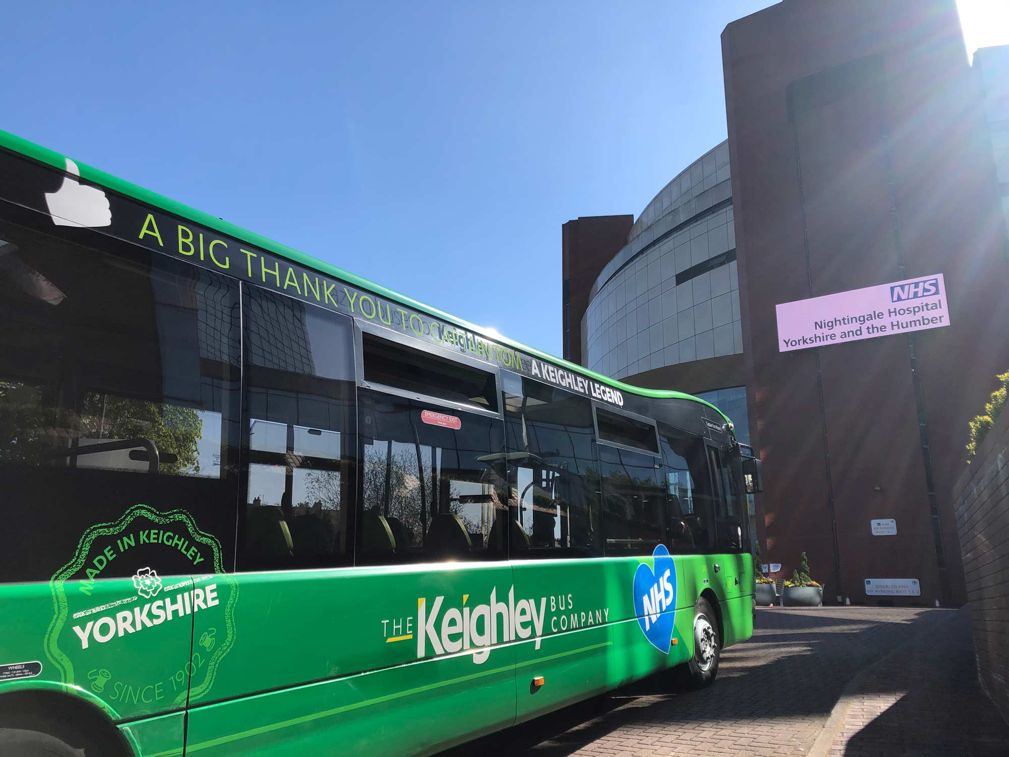 MOVING TRIBUTE TO A KEIGHLEY LEGEND – AND A NATIONAL HERO: The Keighley Bus Company has named and decorated a bus in honour of 99-year-old NHS fundraiser Captain Tom Moore, who was born in the West Yorkshire town. The bus is pictured in front of the new NHS Nightingale Hospital in Harrogate, which opened this week with Captain Tom appearing via a live video link from his home in Bedfordshire as guest of honour