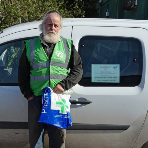 Arnold Warneken, Green Campaigner for the Ainsty, preparing to deliver medicines to local patients in his fully-electric van