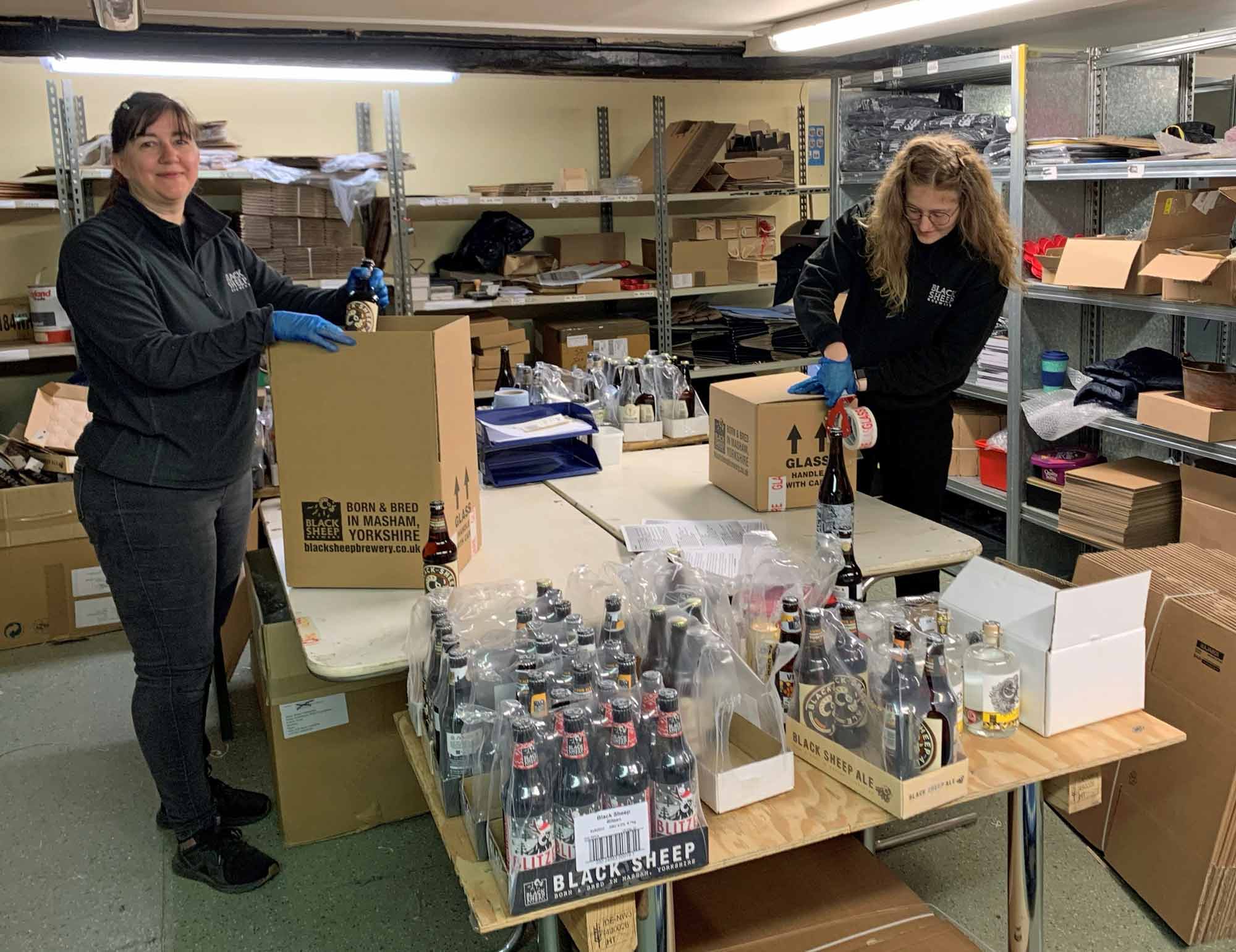 Black Sheep’s Emma Harding and Martha Harding preparing online beer orders ready to be dispatched across the country