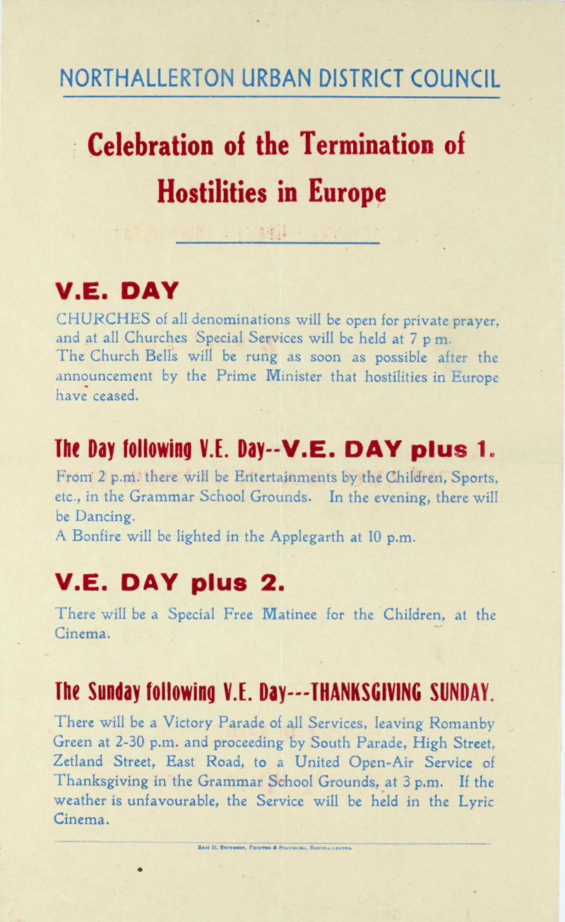 A flyer detailing VE Day celebrations in Northallerton