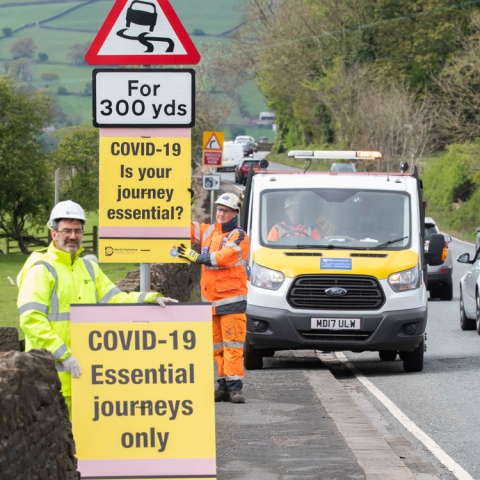 Warning sign on the A629 near Kildwick between Skipton and Keighley which is the route most used by those coming into North Yorkshire for recreation purposes during the lockdown