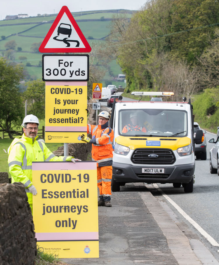 Warning sign on the A629 near Kildwick between Skipton and Keighley which is the route most used by those coming into North Yorkshire for recreation purposes during the lockdown