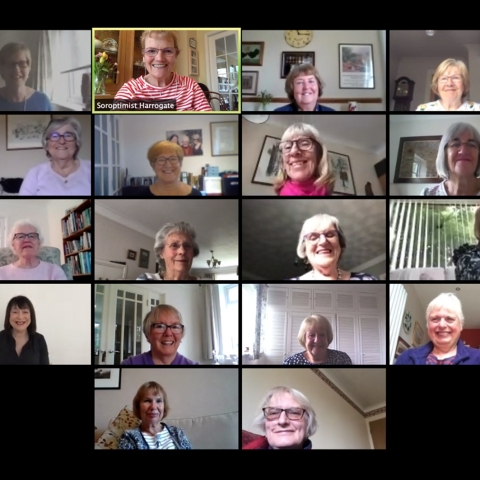 Club members at the Zoom meeting held on the 10th June 2020. The Federation of Soroptimist Internaional of Great Britain and Ireland President is on 1st left fourth role. Club Presient Sandra Frier is 1st left top row