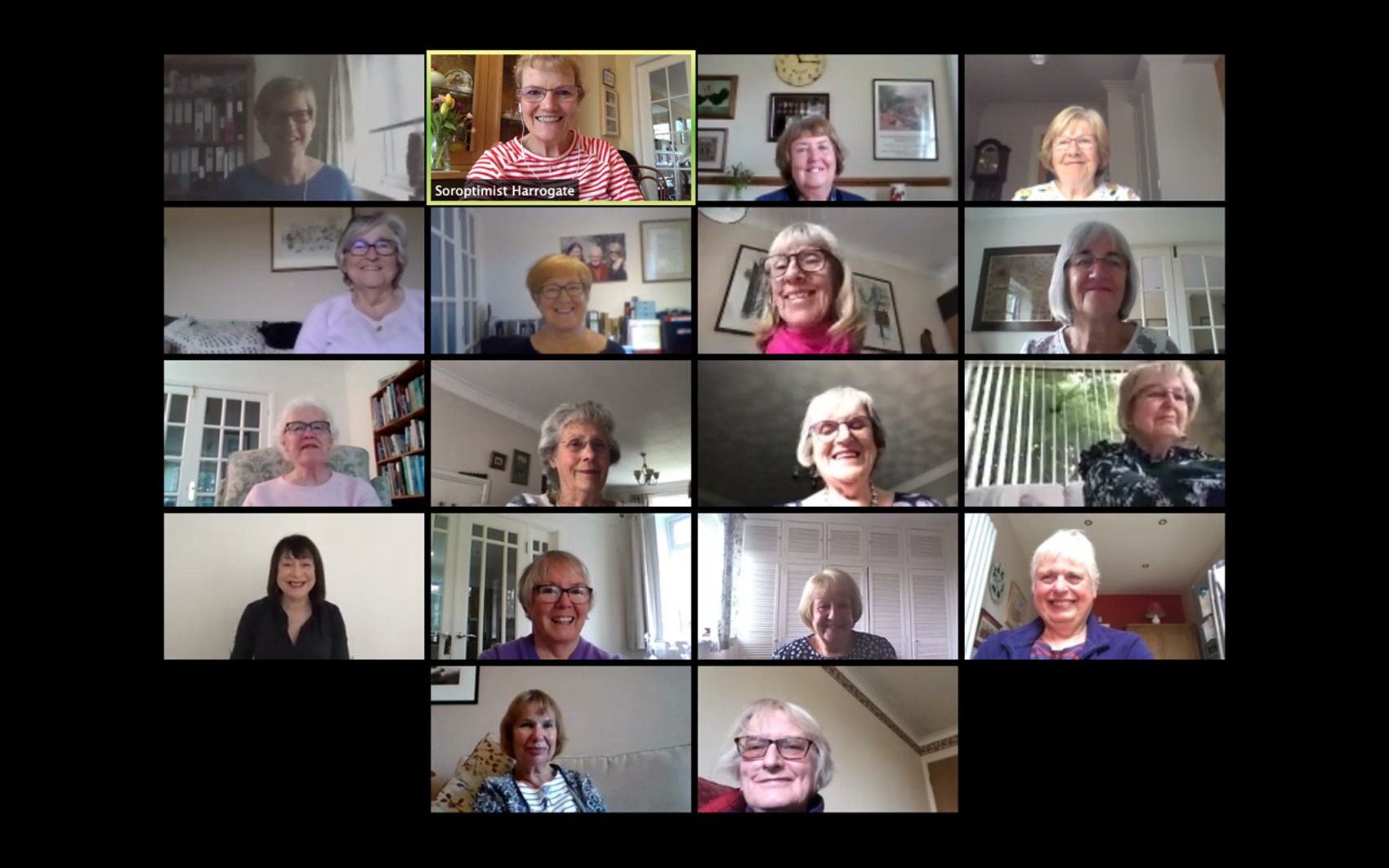 Club members at the Zoom meeting held on the 10th June 2020. The Federation of Soroptimist Internaional of Great Britain and Ireland President is on 1st left fourth role. Club Presient Sandra Frier is 1st left top row