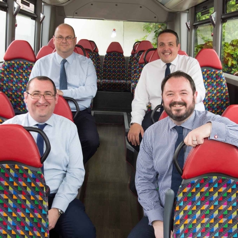 Transdev’s new Operations Director Vitto Pizzuti (back row, right) and Commercial Director Paul Turner (back row, left) join the bus operator’s boardroom team, seen here with Finance Director Mark Dale (front row, left) and CEO Alex Hornby