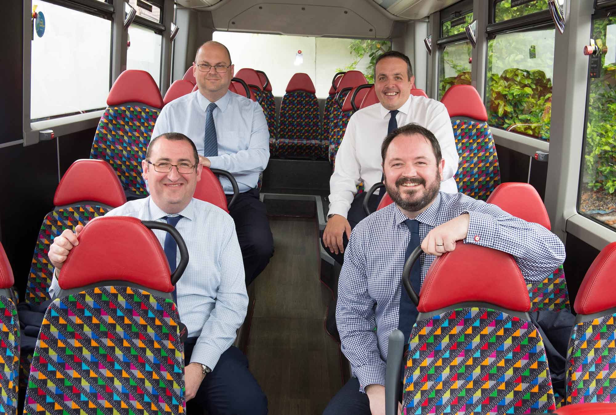 Transdev’s new Operations Director Vitto Pizzuti (back row, right) and Commercial Director Paul Turner (back row, left) join the bus operator’s boardroom team, seen here with Finance Director Mark Dale (front row, left) and CEO Alex Hornby