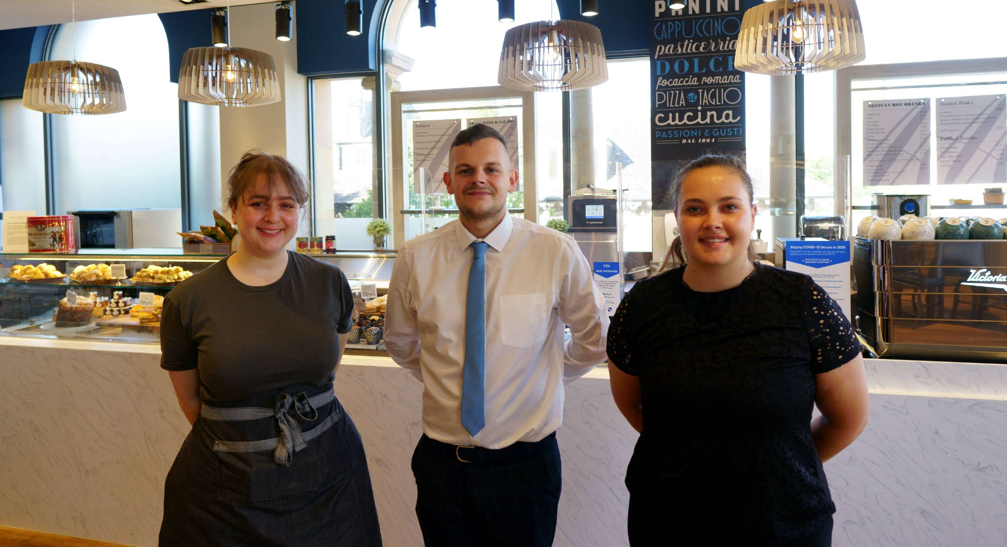 Shona Gwynne, Aiden Gambles (manager) and Ell Dickson - Caffé Massarella, Harrogate