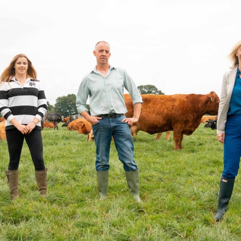 Rosie Powley and Mike Powley (daughter and father), from Oak House Farm, and Liz Truss, International Trade Secretary