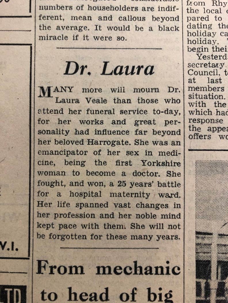Obituary for Dr Laura Veale taken from the Harrogate Advertiser, dated 17 August 1963. (held at North Yorkshire County Record Office)