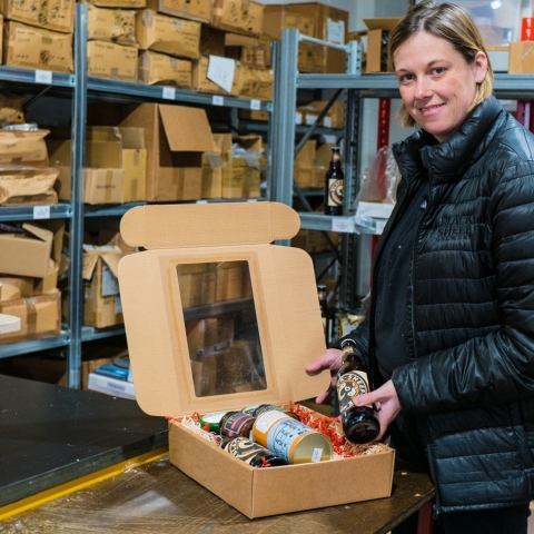 Black Sheep Brewery’s Lara Theakston packing online orders