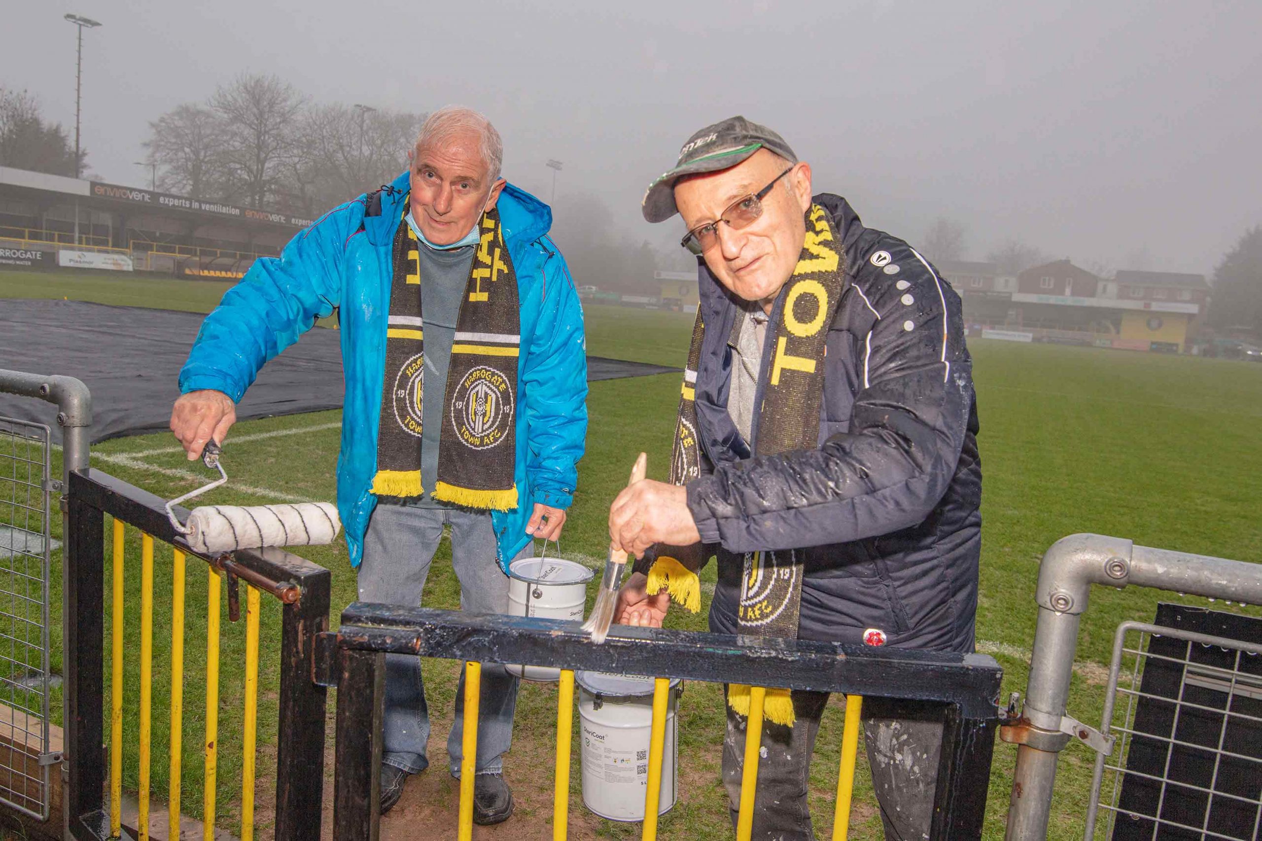 Jim Hague, played for Harrogate Town at 14 years Old.  He played centre forward and has the record for most number of appearances and most number of goals at the Club.  He has Dementia.  Jim has scored more goals than anyone else in the history of the club.  (R) Geoff Butler, He has volunteered at the Club for 60 years. He started volunteering at 14 years old