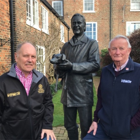 John Gallery with Ian Ashton at the Alf Wight (James Herriot) Statue at World of James Herriot