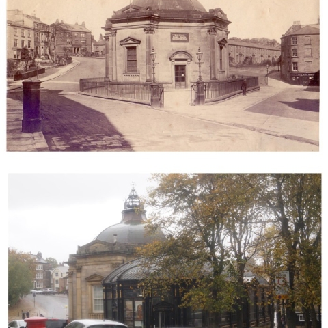 A Then and Now image of a 1900 and 2020 comparison of the view of the Pump Room from Royal Parade, Harrogate