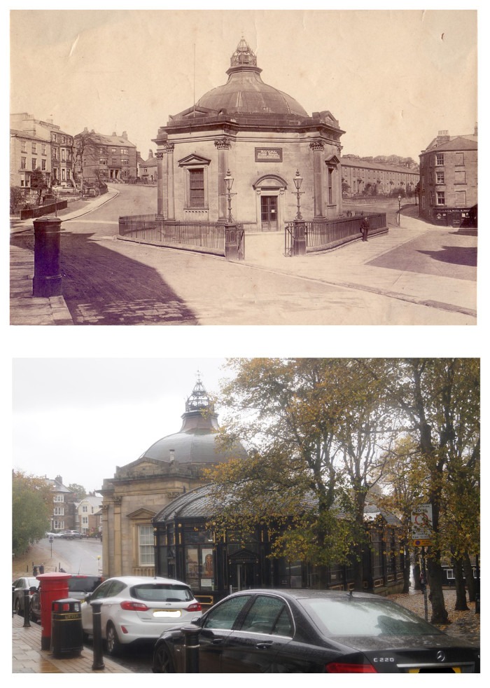 A Then and Now image of a 1900 and 2020 comparison of the view of the Pump Room from Royal Parade, Harrogate
