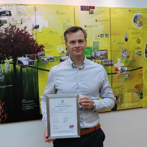 Head of Production and Procurement, Jonatan Whittemore with the Plant Healthy certification