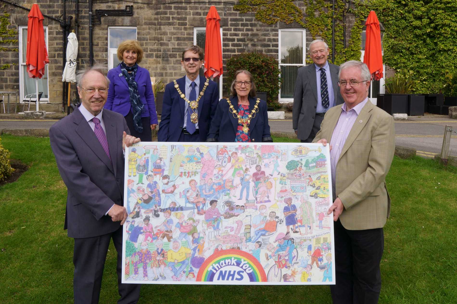 Dr Albert Day, Friends of Harrogate Hospital, Angela Schofield, Chair of HDFT, Mayor of Harrogate District, Trevor Chapman and his wife, Janet. Andy Wilkinson (Chair of Friends), John Fox, Friends of Harrogate Hospital