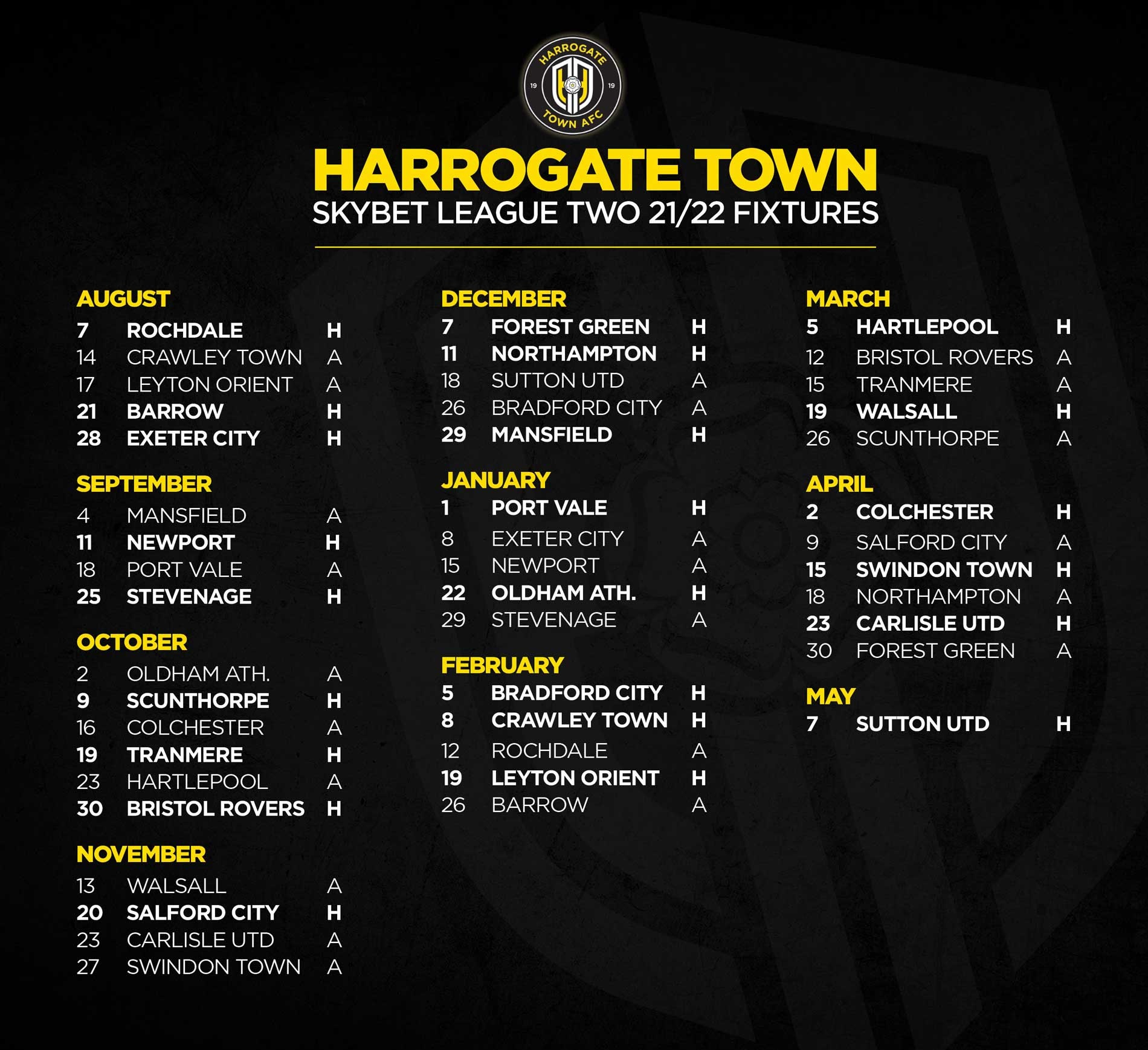 Harrogate Town 2021/22 fixtures