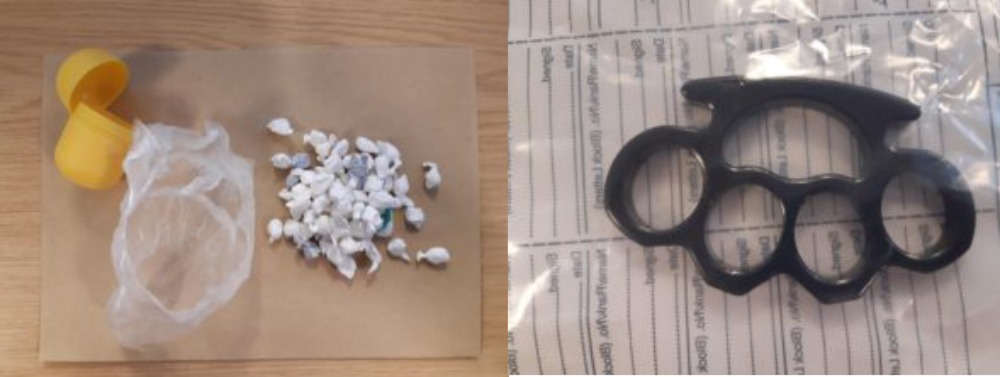 Seized Kinder egg with suspected drug wraps inside Seized knuckle duster