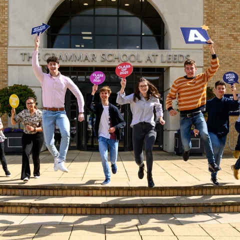 Students at The Grammar School at Leeds celebrate their A-level results