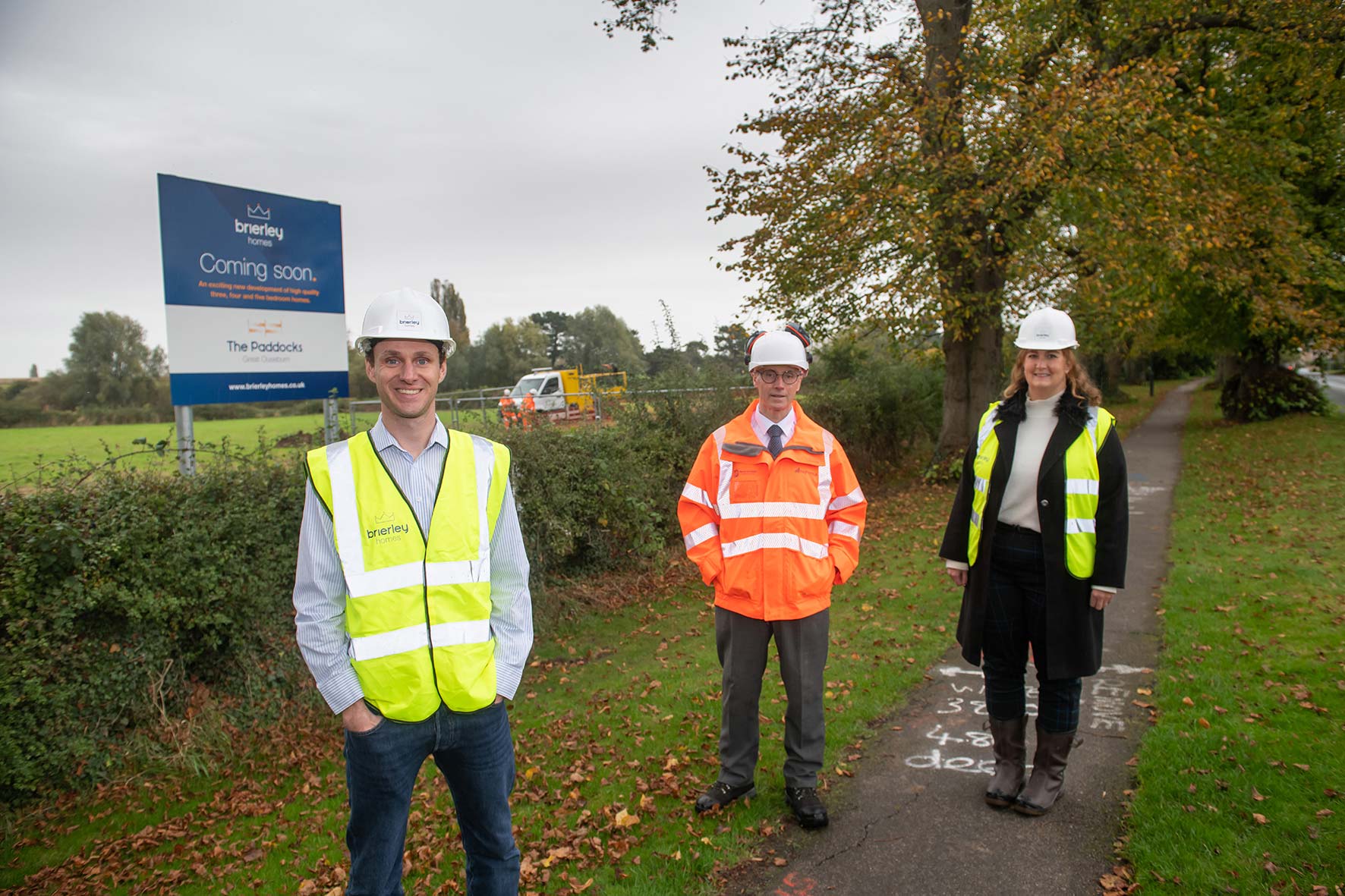 Matt O’Neill, Director, Brierley Homes; Paul Storey, Senior Agent from NY Highways; and Rachel Steel, Project Manager from Brierley Homes, at The Paddocks development in Great Ouseburn