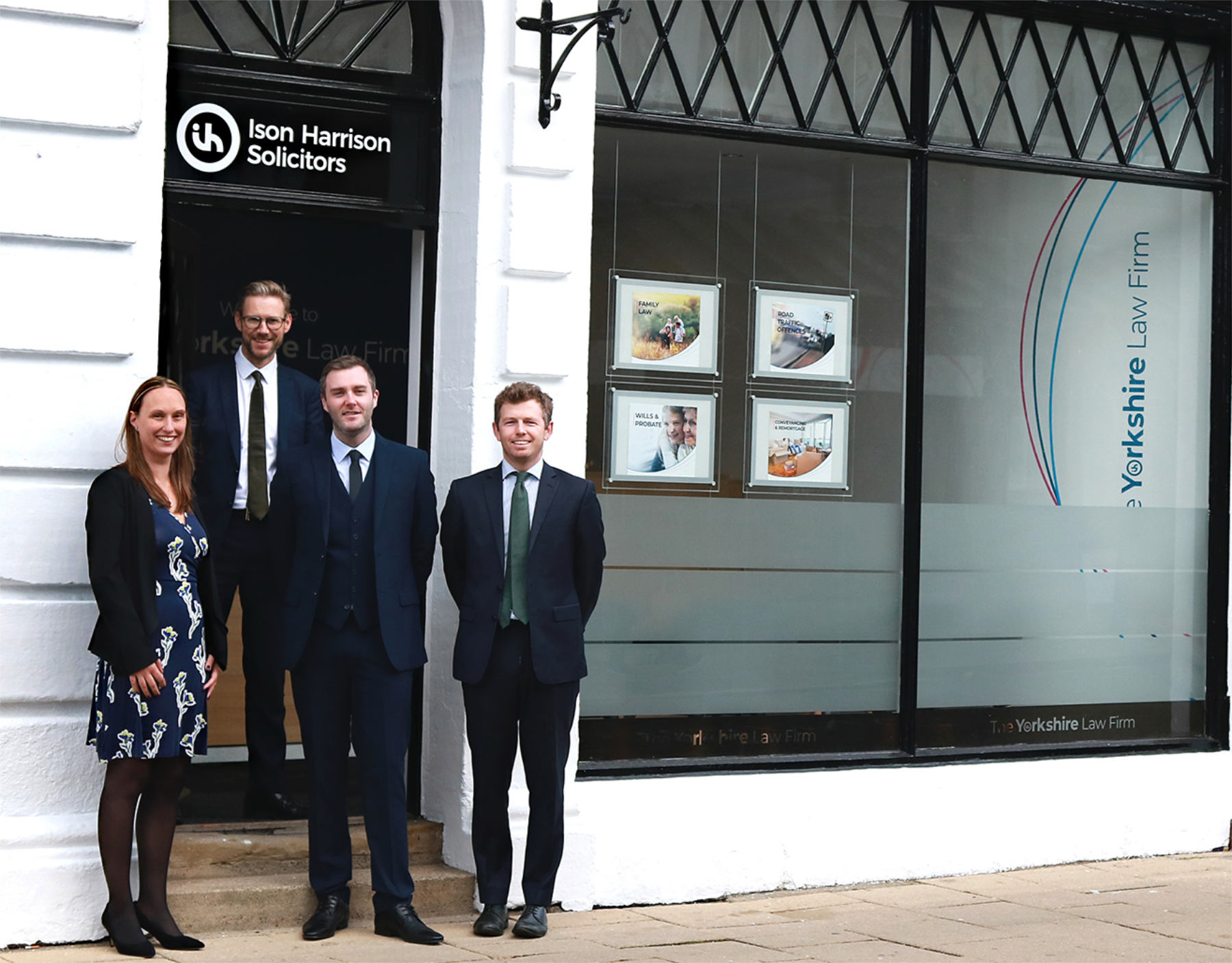 Georgina Pogge-von Strandmann, Jonathan Wearing, Shaun Hulme and James Pascoe outside the new Harrogate branch of Ison Harrison