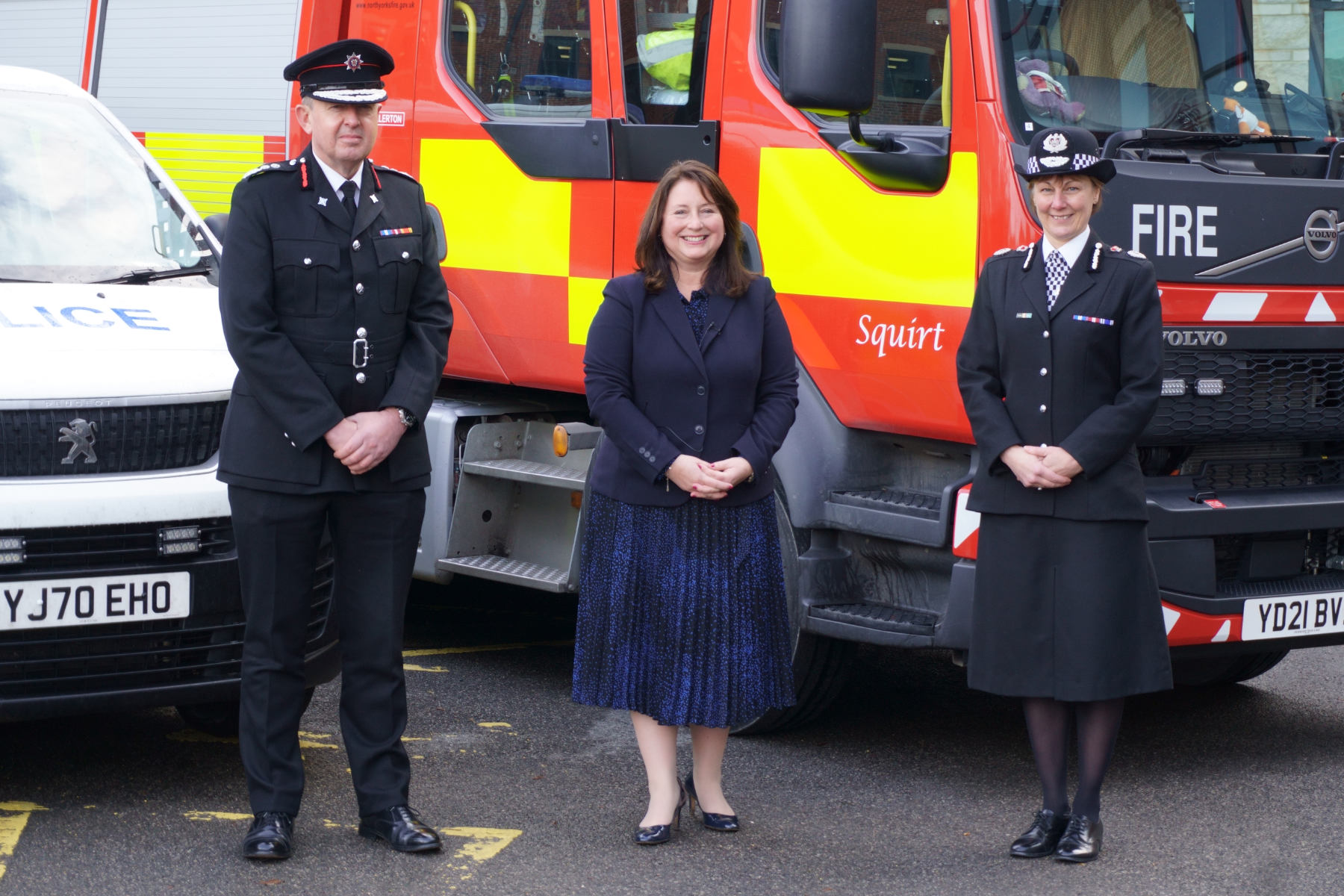 Jon Foster, Interim Chief Fire Officer of North Yorkshire Fire and Rescue Service, with Zoe Metcalfe Police, Fire and Crime Commissioner of North Yorkshire, Lisa Winward, Chief Constable of North Yorkshire