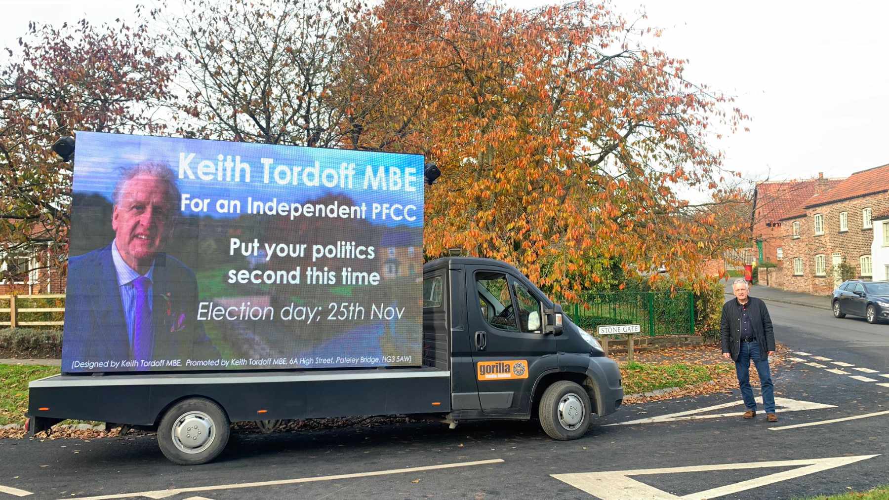 Keith Tordoff The digital ad van in Whixley village where houses have had were having campaign leaflets delivered