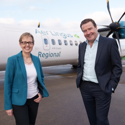Aer Lingus CEO Lynne Embleton with Emerald Airlines CEO Conor McCarthy, at the announcement of the commencement of Aer Lingus Regional flights, with tickets