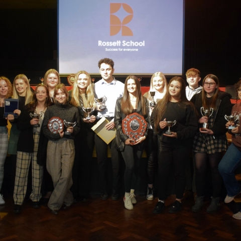 Students with their awards and trophies at the Rossett Presentation Evening