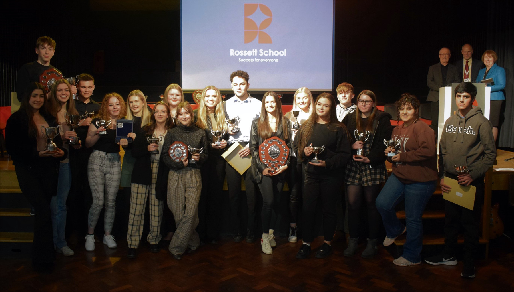 Students with their awards and trophies at the Rossett Presentation Evening