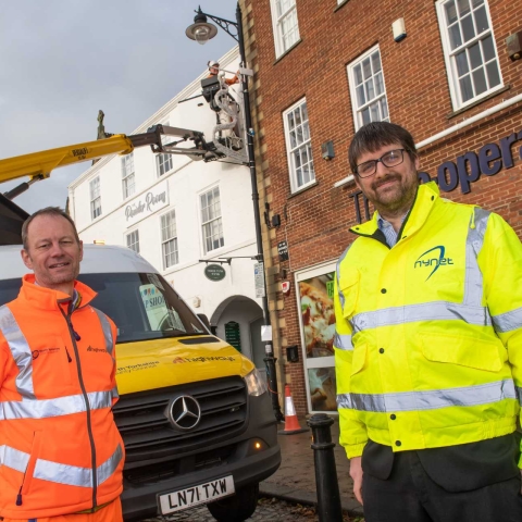 Richard Whitaker, Business Manager at NY Highways (left) and Alastair Taylor, Deputy Chief Executive at NYnet (right) at the Stokesley installation