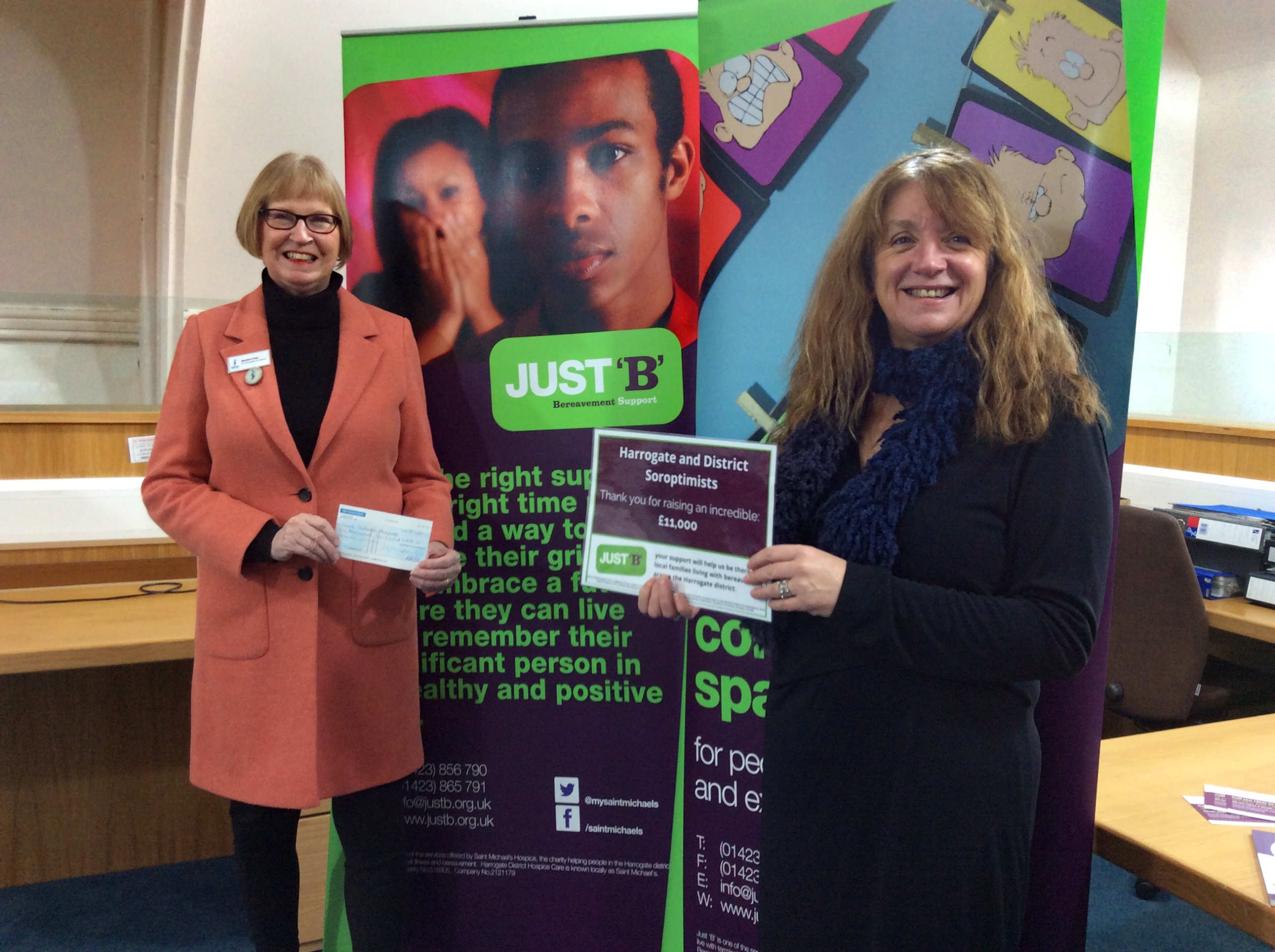 President of Soroptimist International of Harrogate and District, Sandra Frier (left) presents Sandra Gilbert, Community and Challenge Events Fundraiser for Just’B’ with a cheque for over £11000