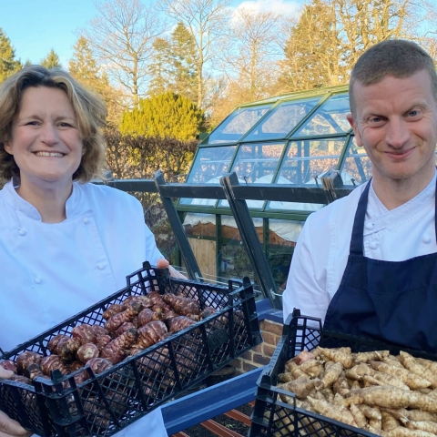 Steph Moon and Matthew Wilkinson collect ingredients from Rudding Park Kitchen Garden