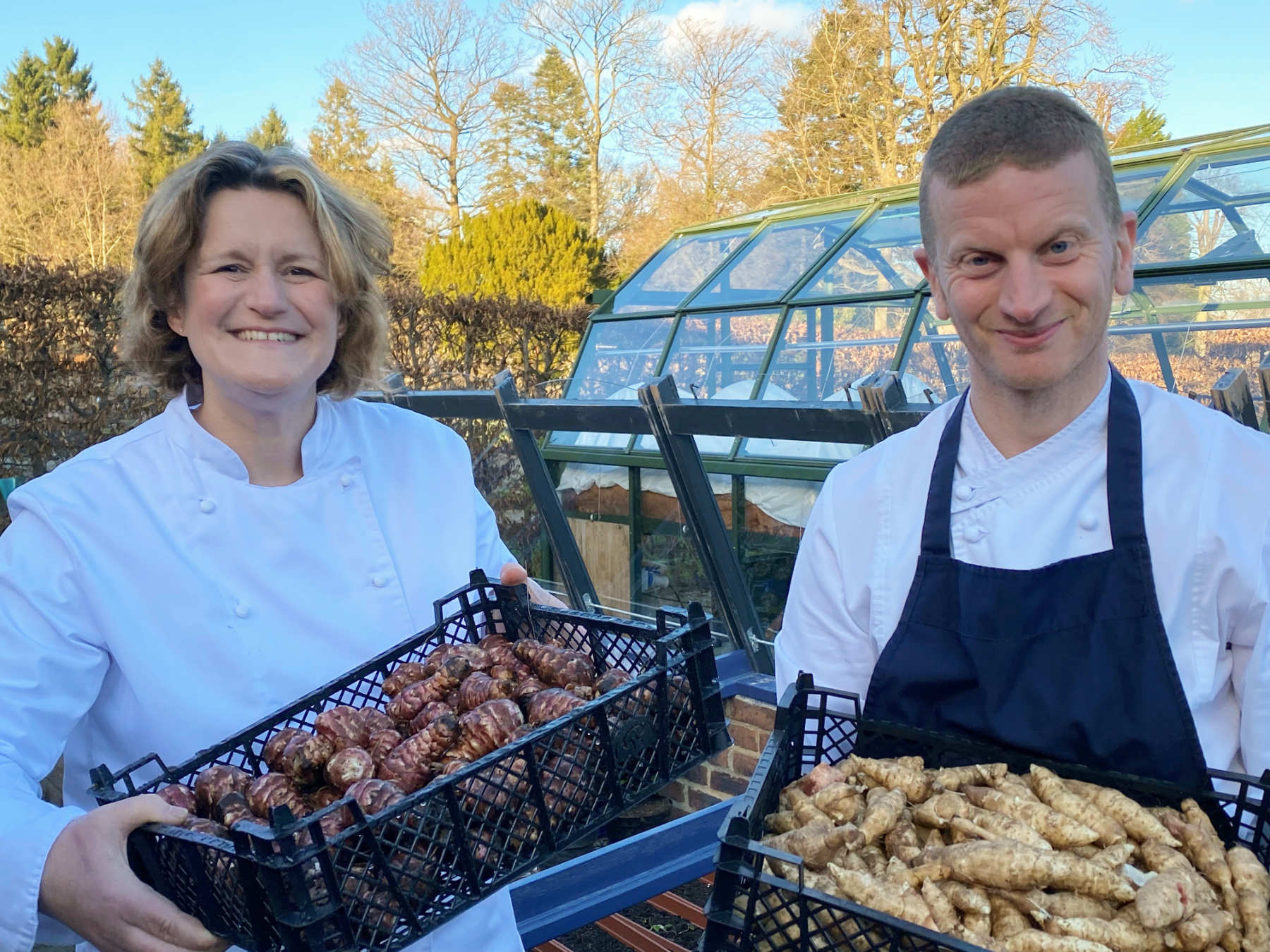 Steph Moon and Matthew Wilkinson collect ingredients from Rudding Park Kitchen Garden