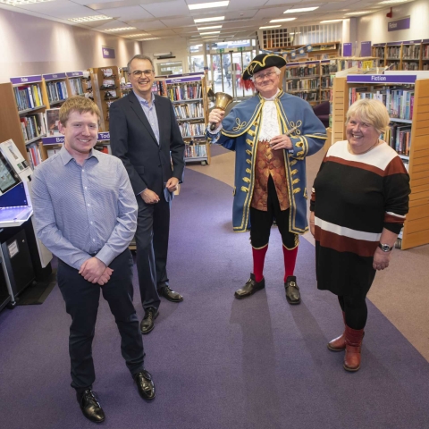 Harrogate Borough Councillor Ed Darling who represents the Knaresborough Castle ward, Chief Executive Officer at Newcastle Building Society Andrew Haigh, Town Crier Roger Hewitt and North Yorkshire County Council’s Libraries Manager Chrys Mellor