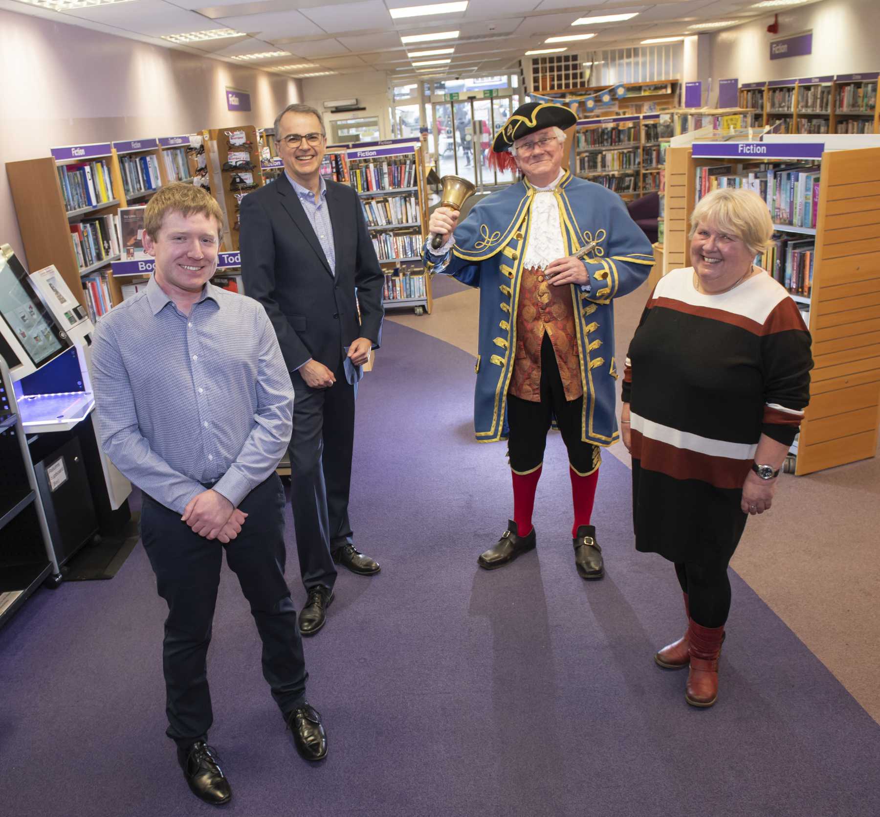 Harrogate Borough Councillor Ed Darling who represents the Knaresborough Castle ward, Chief Executive Officer at Newcastle Building Society Andrew Haigh, Town Crier Roger Hewitt and North Yorkshire County Council’s Libraries Manager Chrys Mellor