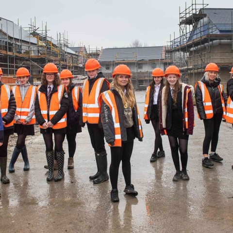 Students from Year 9 and 10 at Nidderdale High School during a visit to the Brierley Homes housing development, Millwright Park in Pateley Bridge.