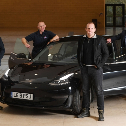 L to R presenter Robert Llewellyn, Richard Moorhouse Operations Manager at the YEC, Dan Caesar, Joint CEO of Fully Charged Live and Ben Chatburn Sales Manager at the YEC