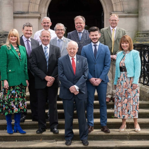 North Yorkshire County Council’s new executive on the steps of County Hall in Northallerton. Back row, from left to right, Cllr Greg White, Cllr Michael Harrison, Cllr David Chance, Cllr Simon Myers and Cllr Gareth Dadd. Front row, left to right, Cllr Annabel Wilkinson, Cllr Derek Bastiman, Cllr Carl Les, Cllr Keane Duncan and Cllr Janet Sanderson
