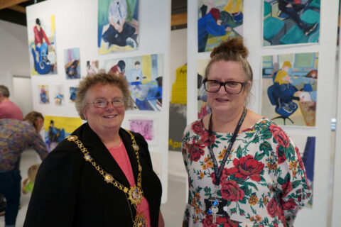 The Mayor of Harrogate, Councillor Victoria Oldham and Dr.Annabel Smith Programme Manager, MA Creative Practice Harrogate College