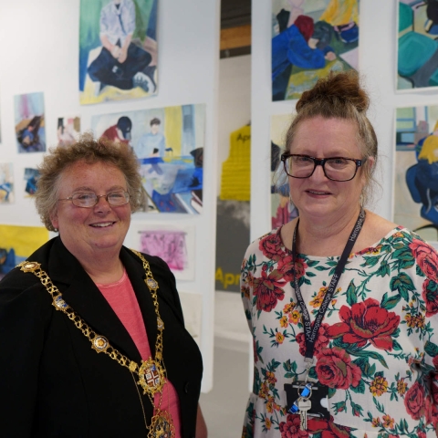 The Mayor of Harrogate, Councillor Victoria Oldham and Dr.Annabel Smith Programme Manager, MA Creative Practice Harrogate College