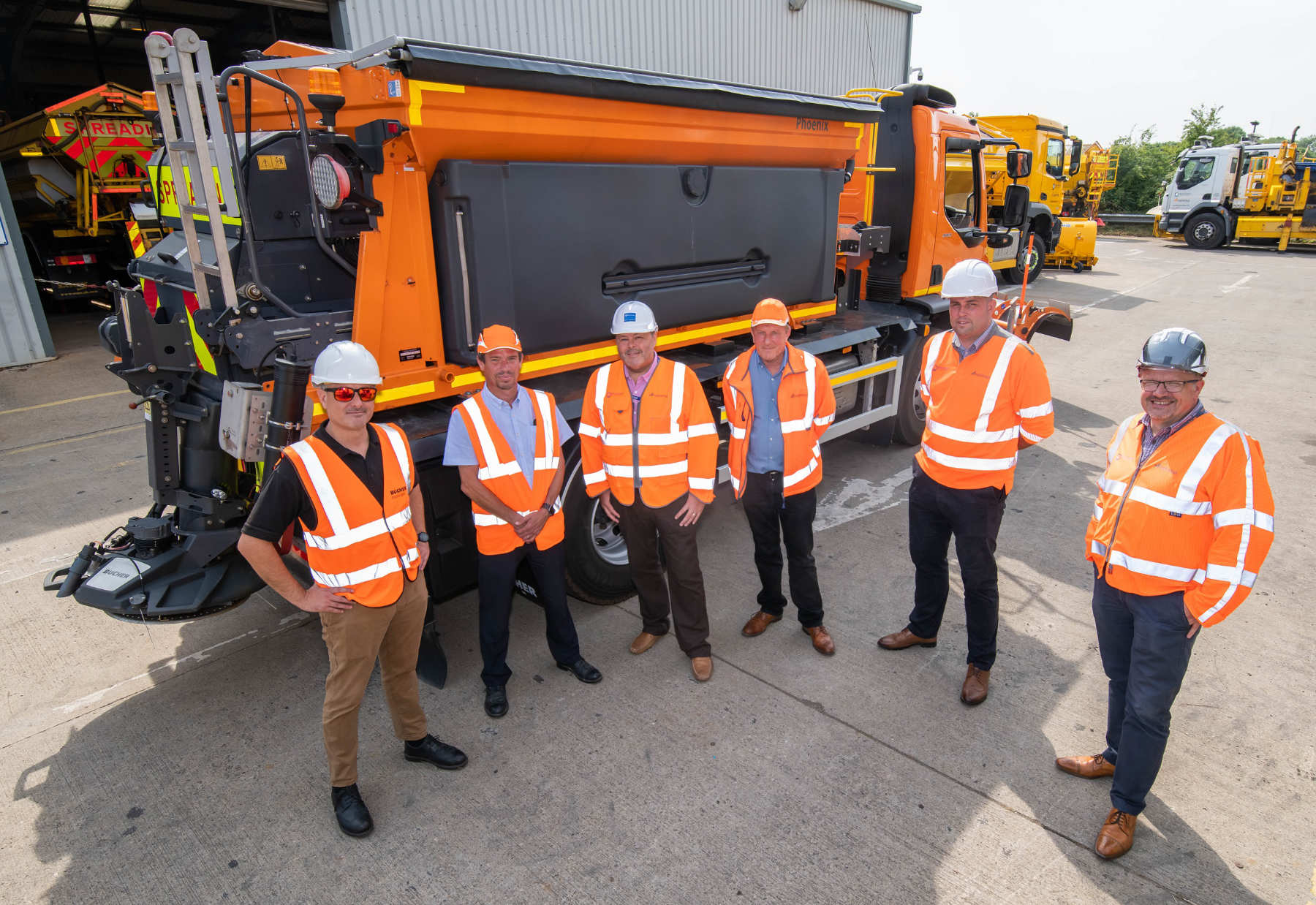 From left, Andrew Park and Chris Mitchell of Bucher Municipal, Nigel Smith, head of highway operations at North Yorkshire County Council, Rory Hanrahan and Craig Winter of NY Highways, and Mike Francis, operations manager at NY Highways