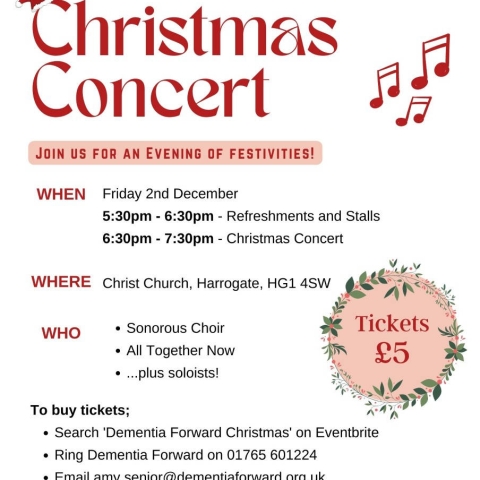 Three local charities, Dementia Forward, Harrogate Easier Living Project (HELP) and Carers’ Resource are working together to put on a Christmas Concert on Friday 2 December 2022 at Christ Church, High Harrogate.