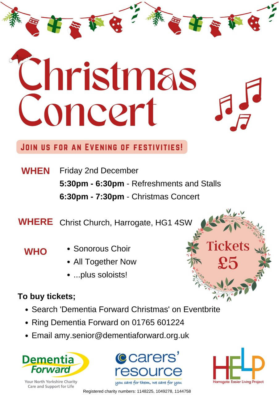 Three local charities, Dementia Forward, Harrogate Easier Living Project (HELP) and Carers’ Resource are working together to put on a Christmas Concert on Friday 2 December 2022 at Christ Church, High Harrogate.