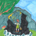 The Kids Aloud art competition winning picture by Nadia Wieclaw: Pip enters the dragon’s cave with all his courage – and a candle